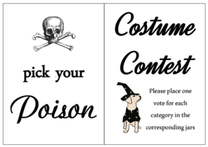 Need help hosting a halloween party? Check out this post for easy Halloween Decorations. For some extra fun throw a costume contest. These free Halloween party printables include a Pick you Poison sign, Costume Contest, and fillable halloween party food cards. 