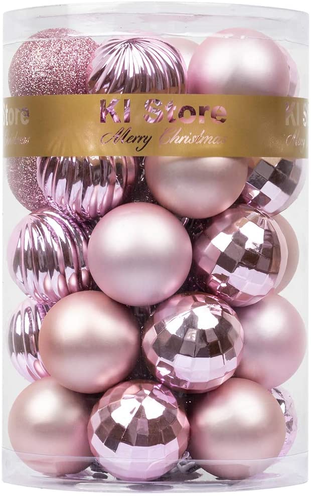 34ct Christmas Ball Ornaments 1.57" Small Shatterproof Christmas Decorations Tree Balls for Holiday Wedding Party Decoration, Tree Ornaments Hooks Included (Pink, 1.57-Inch)